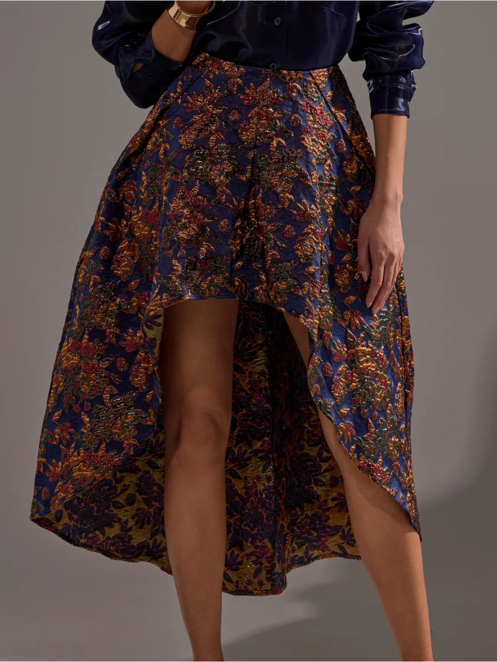 AKIRA Navy Metallic Floral High-Low Skirt